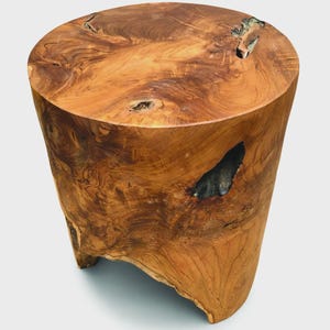 May include: A natural wood stump side table. The table is cylindrical with a flat top and a curved base. The wood grain is visible, with variations in colour from light to dark brown. There are several knots and holes in the wood, adding to its rustic charm.