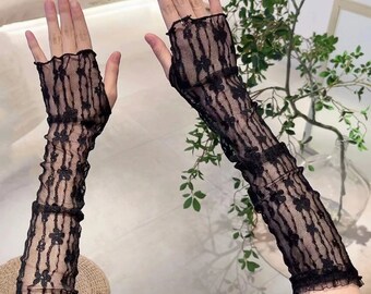 Floral Pattern Fingerless Gloves  long Fingerless Gloves, Long Gloves, Lace Cuffs, Arm Sleeves, Sheer Arm Warmers