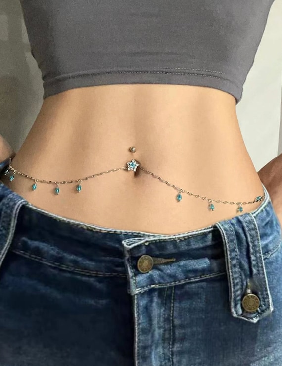 Flower Decor Waist Chain With Navel Belly Ring Waist Chain Crystal Bikini  Belly Piercing Chain Body Jewelry 