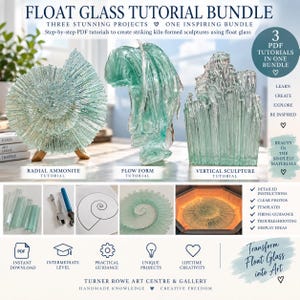Könnte beinhalten: Ein digitales Tutorial-Paket mit dem Titel FLOAT GLASS TUTORIAL BUNDLE mit drei ofengeformten Glasskulpturen: eine radiale Ammonitenform, eine fließende Form und eine vertikale Skulptur. Enthält Schritt-für-Schritt-PDF-Anleitungen und Vorlagen.