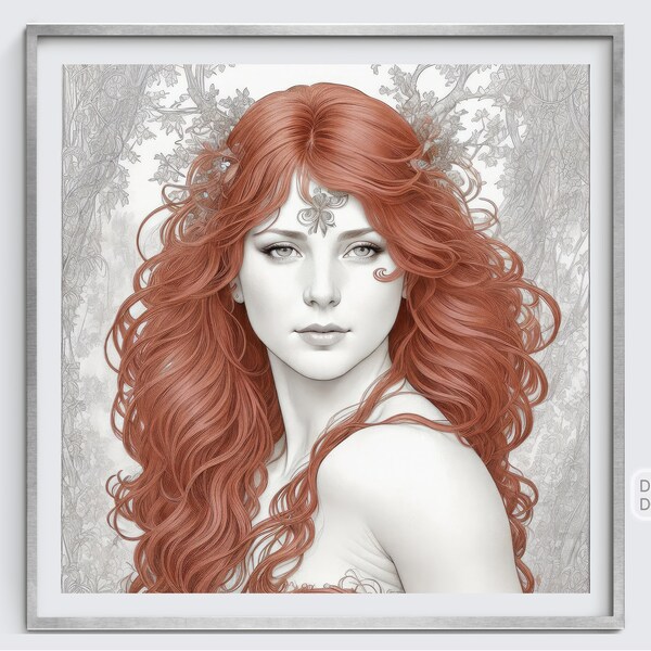 Woman Red Hair Poster Print. Wall Art Woman Original Portrait. Art Nouveau Print. Fairy Women Illustration Light Colors. Digital Art.