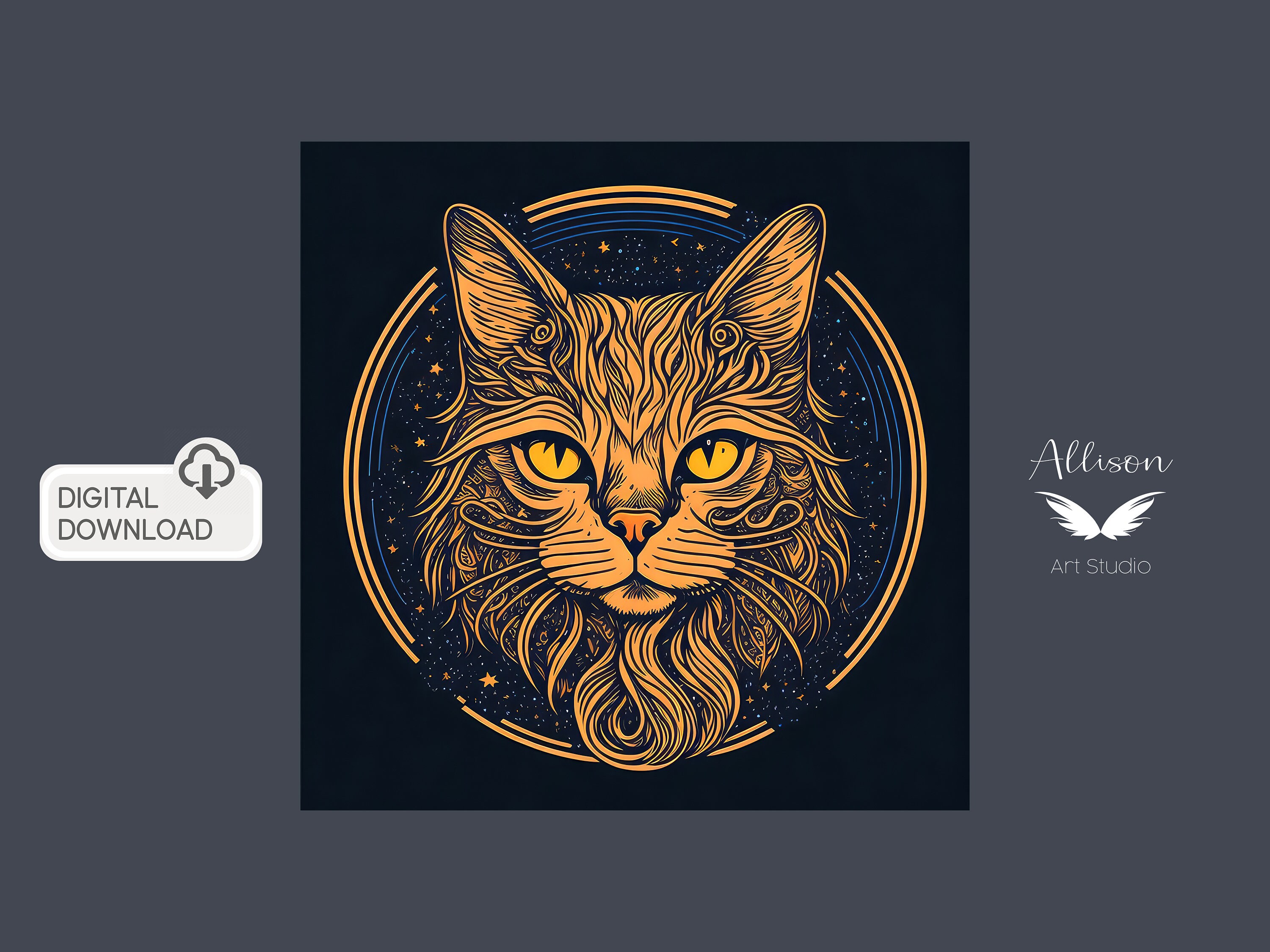 Cat Illustration Original Print. Gold Yellow Print. Cat Art Decor ...