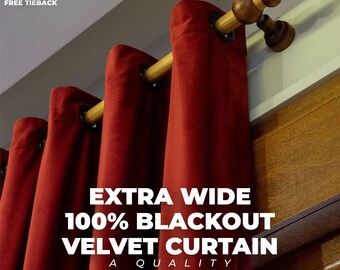 Extra Wide 100% Blackout Lined Velvet Curtains , 31 Colors , Free Tiebacks , Rod Pocket , Grommet & Multifunctional Tape Curtain Track