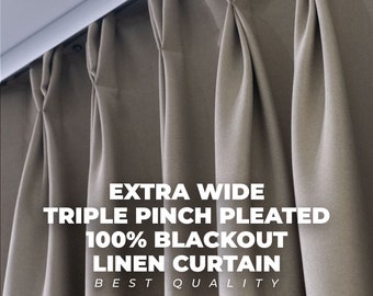 Extra Wide 100% Blackout Lined Triple Pinch Pleated Linen Curtains , 24 Colors , Rod Pocket & Multifunctional Tape Curtain Track