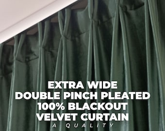 Extra Wide 100% Blackout Lined Double Pinch Pleated Velvet Curtains , 31 Colors , Rod Pocket & Multifunctional Tape Curtain Track