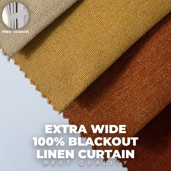 Extra Wide 100% Blackout Lined Linen Curtains , 24 Colors , Free Tiebacks , Rod Pocket , Grommet & Multifunctional Tape Curtain Track