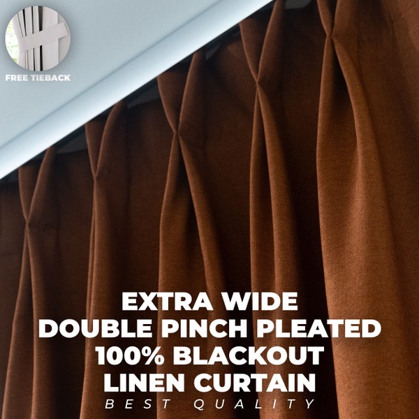 Extra Wide 100% Blackout Lined Double Pinch Pleated Linen Curtains , 24 Colors , Rod Pocket & Multifunctional Tape Curtain Track