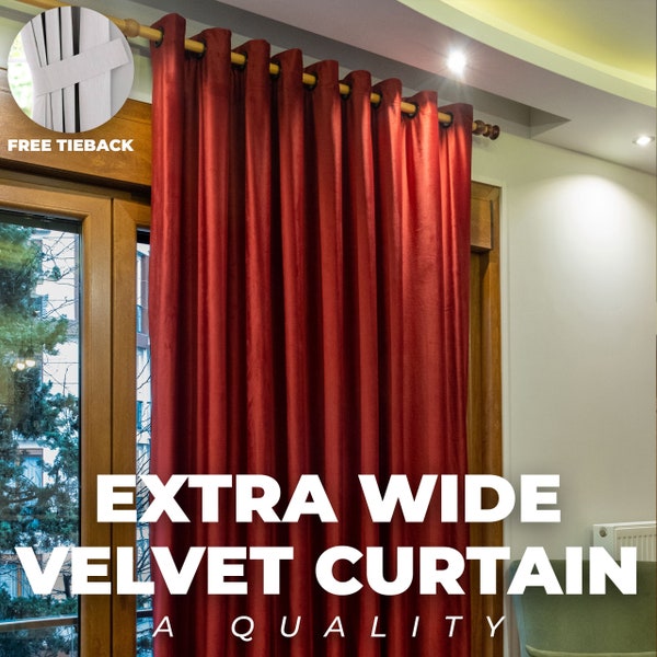 Extra Wide 100% Blackout Lined Velvet Curtains , 31 Colors , Free Tiebacks , Rod Pocket , Grommet & Multifunctional Tape Curtain Track