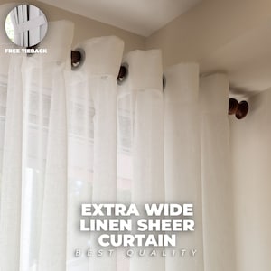 Extra Wide & Extra Long Linen Sheer Curtains , 3 Colors , Free Tiebacks , Rod Pocket , Grommet , Hook And Ring , Back Tab ,For Curtain Track