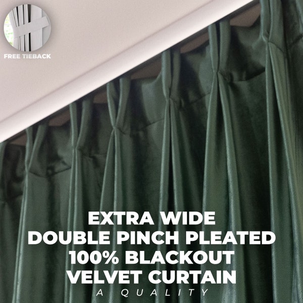 Extra Wide 100% Blackout Lined Double Pinch Pleated Velvet Curtains , 31 Colors , Rod Pocket & Multifunctional Tape Curtain Track