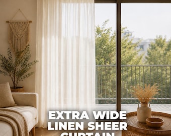 Tenda in lino extra larga e trasparente, di alta qualità, pannello di lusso per soggiorno e camera da letto, con passante per asta, occhielli, linguetta posteriore, gancio e anello, per binario per tende.