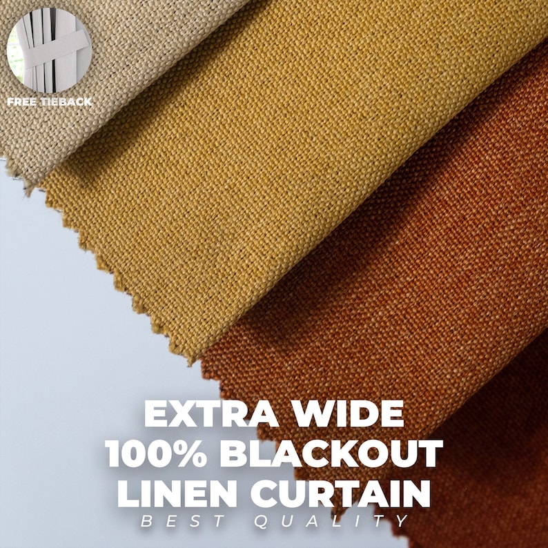 Extra Wide 100% Blackout Lined Linen Curtains , 24 Colors , Free Tiebacks , Rod Pocket , Grommet & Multifunctional Tape Curtain Track zdjęcie 1