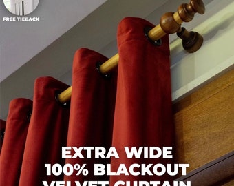 Extra Wide 100% Blackout Lined Velvet Curtains , 31 Colors , Free Tiebacks , Rod Pocket , Grommet & Multifunctional Tape Curtain Track