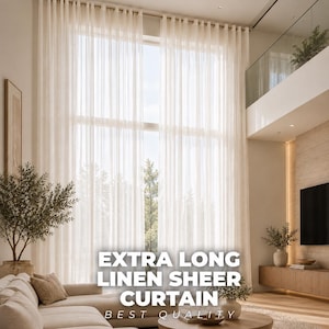 May include: Extra long off-white linen sheer curtains featuring a grommet top design. These floor-to-ceiling window treatments are made of a lightweight, semi-transparent fabric that allows natural light to filter through into the room.