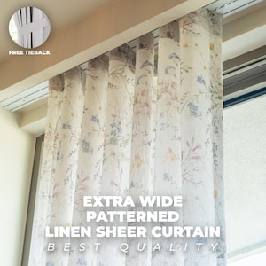 Extra Wide Patterned Linen Sheer Curtains , 3 Colors , Free Tiebacks , Rod Pocket , Hook And Ring , Back Tab , For Curtain Track