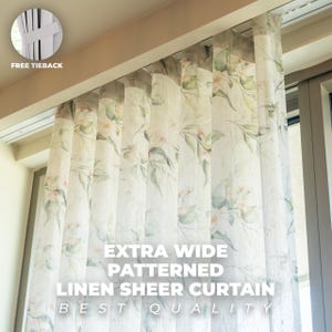 Extra Wide Patterned Linen Sheer Curtains , 3 Colors , Free Tiebacks , Rod Pocket , Hook And Ring , Back Tab , For Curtain Track