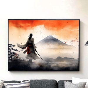 Samurai giapponese vicino al Fuji, poster di artista marziale, ragazza con la spada, arte digitale, download istantaneo, stampa ad acquerello, donna guerriera