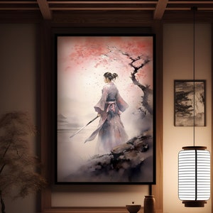 Samurai femminile giapponese, poster di artista marziale, ragazza con una spada, arte digitale, download istantaneo, stampa da parete, acquerello, donna guerriera