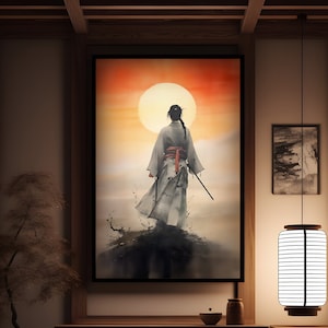 Samurai giapponese all’alba, poster di artista marziale, ragazza con spada, arte digitale, download istantaneo, acquerello, donna guerriera