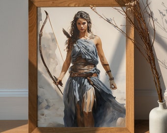 Artemis goddess of the hunt painting, Female Warrior Digital Art Series, Instant Download, Watercolour Painting, Illustration, Woman art