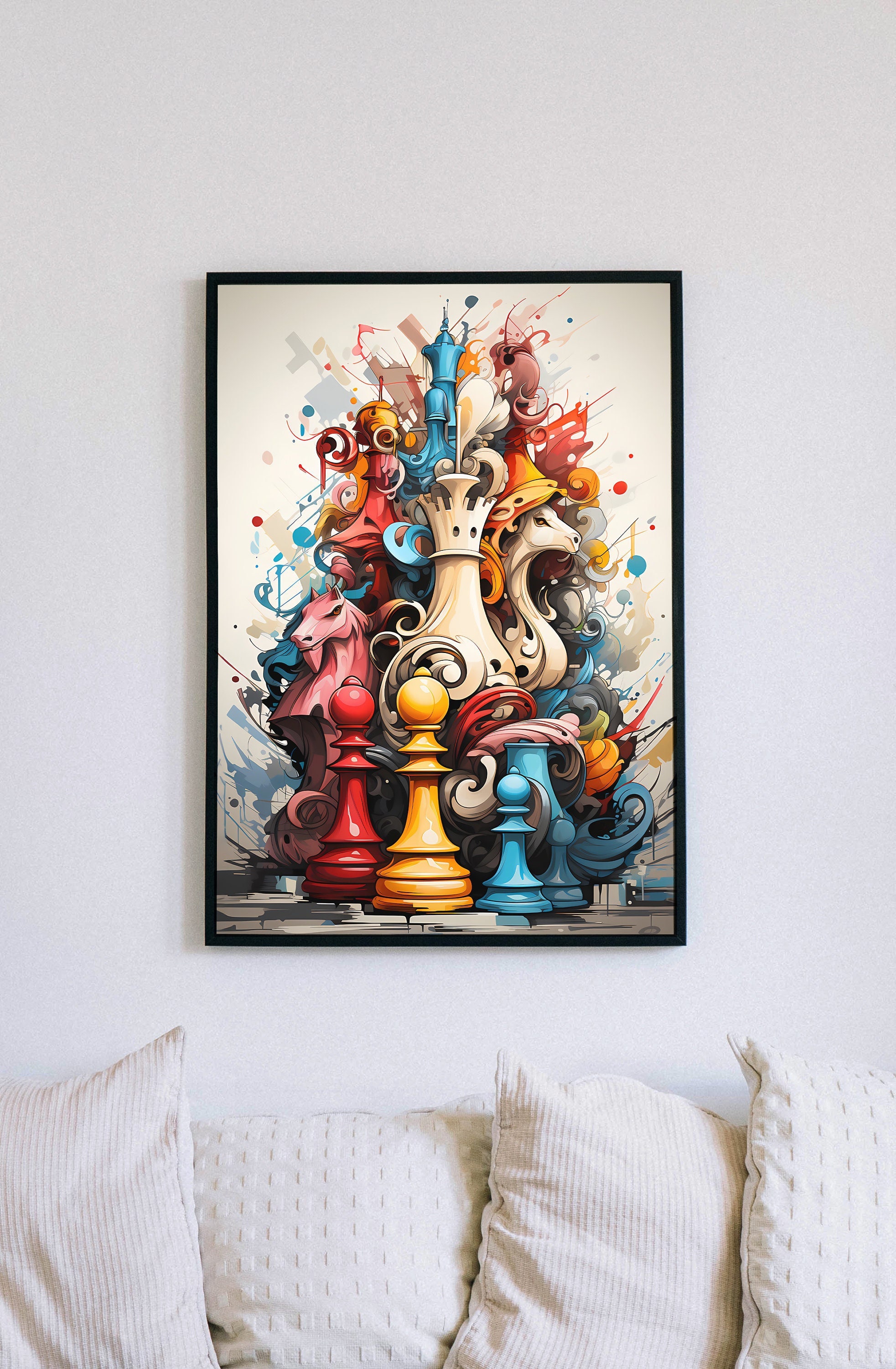  reoqeosy Graffiti Banksy Chess Decor Wall Art Chess Game Room  Wall Art International Chess Pictures Canvas Painting Pop Art Framed  Artwork for Game Room Living Room Bedroom 12''x16'', Pinkche1: Paintings