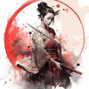 Japanese Female SamuraI, Martial Artist Poster, Girl With a Sword, Digital Art, Instant Download, Wall Print, Onna-bugeisha, Woman Warrior