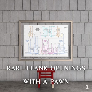 Könnte beinhalten: Ein gerahmtes Diagramm von Schach-Eröffnungen mit farbigen Linien und Text hängt an einer grauen Backsteinmauer. Darunter steht ein kleiner roter Hocker auf einem Betonboden. Der Text lautet "Rare Flank Openings With a Pawn."