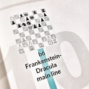 Könnte beinhalten: Schwarz-weiß-Diagramm eines Schachspiels mit Figuren auf einem karierten Brett. Der Text "b6 Frankenstein-Dracula main line" steht darunter, in Schwarz gedruckt.