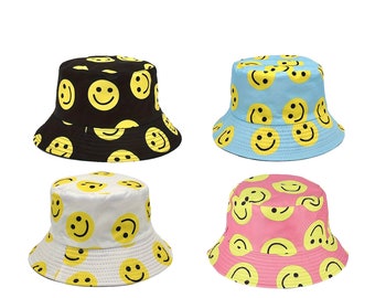 Smiley Face Bucket Hat Print Reversible Summer Festival Fisherman Sun Smile Hats