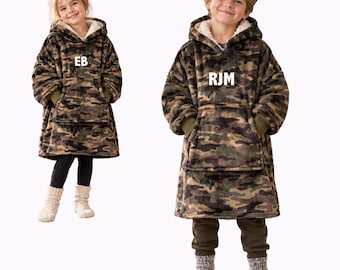 Custom Embroidered Initials - Kids Oversized Hooded Blanket Camo Camouflage Sherpa Fleece Hoodie - Age 3-7 Year Old