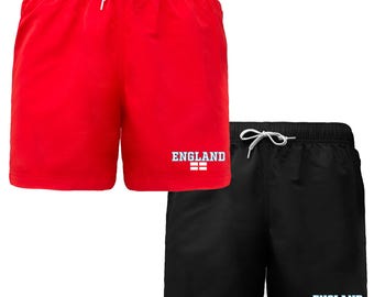 Bañador corto con estampado retro de Inglaterra 98 – Negro y rojo, ideal para deportes, gimnasio y natación.