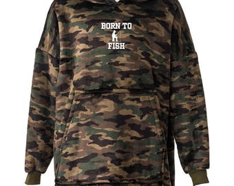 NACIDO PARA PESCAR - Manta con capucha de forro polar extragrande con estampado de camuflaje para pesca - Pescador - Camuflaje - Calidad Premium