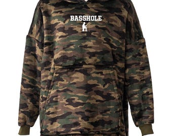 BASSHOLE - PESCA - Manta con capucha de forro polar extragrande con estampado de camuflaje - Pescador - Calidad premium
