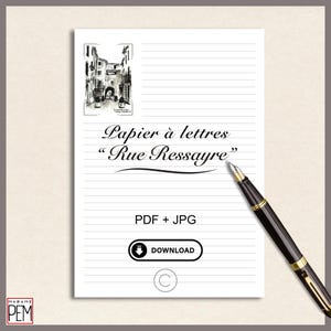 "Rue Ressayre" letter paper. Ready-to-print template. 2 A4 formats included: with and without lines (PDF+JPG) + PDF back lines.