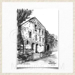 Dessin au fusain du cloître de Lavilledieu (Ardèche) - 3 tailles - A IMPRIMER - Téléchargement instantané.