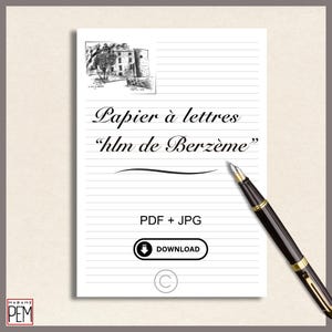 Letter paper "Le HLM de Berzème". Printable template. 2 A4 formats included: with and without lines (pdf+jpg) + lines on the back PDF.