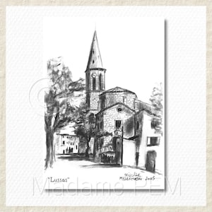 Lussas, entrée du village. Ardèche - Dessiné main au fusain - 3 formats PDF inclus - A IMPRIMER- Téléchargement immédiat
