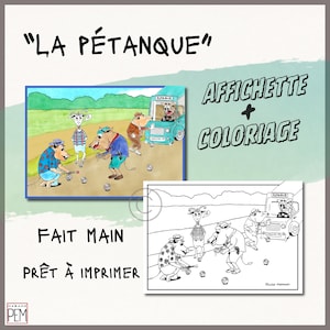 Petanque: Colorful illustration + coloring. Handmade drawing to print. A4 PDF format
