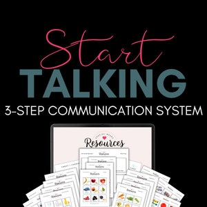 Könnte beinhalten: Schwarzer Hintergrund mit den Worten "Start Talking" in Rosa und Türkis. Darunter steht der Text "3-Step Communication System". Ein Laptop zeigt "Special Needs Resources" und mehrere gedruckte Seiten mit Bildern von Lebensmitteln und anderen Gegenständen.