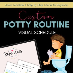May include: A digital visual schedule for potty training with a cartoon illustration of a child sitting on a toilet. The schedule includes a 4-step potty routine with images and text. The text says "Custom Potty Routine Visual Schedule" and "Special Needs Resources for Moms".