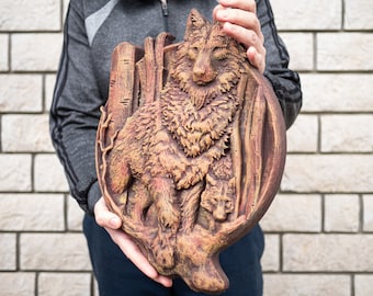Wolf carving. Animal wall art with wood effect. Unique home decor from bio-degradable polymer. 3D nature carving relief. 8x8x0.75 inch.
