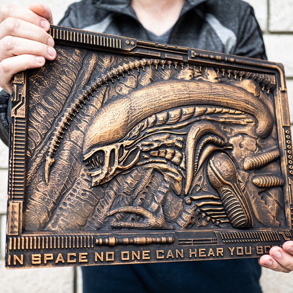 Giger Xenomorph Alien movie carving. 3D sign for home decor. Nostromo wall art. 12 x 17 x 1 inch / 30x40 cm poster.