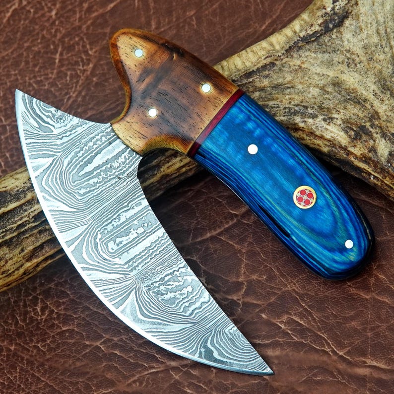 Handmade Damascus Ulu Knife.Alaskan Mezzaluna Ulu Knife, Salad Veggies Rocker Chopper Slicer Cutter.Anniversary Birthday Christmas Gift Wood Blue