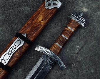 Damascus Steel Viking Sword with Scabbard – Collectible Medieval Replica, 36” LARP Sword