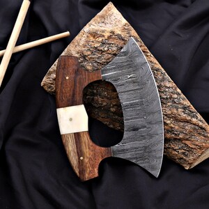 Handmade Damascus Ulu Knife.Alaskan Mezzaluna Ulu Knife, Salad Veggies Rocker Chopper Slicer Cutter.Anniversary Birthday Christmas Gift image 10