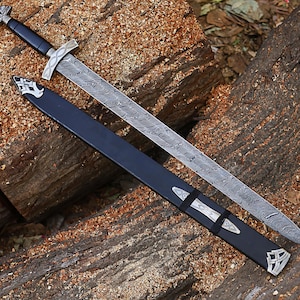 Handgefertigtes Wikingerschwert-Set aus Damaszenerstahl mit Scheide – Sammlerstück, mittelalterliche Replik, 91 cm. Ideales Geschenk für Männer, z. B. zum Jahrestag, zu Weihnachten oder zur Hochzeit. 36" Black