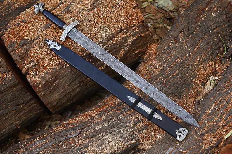 Handgefertigtes Wikingerschwert-Set aus Damaszenerstahl mit Scheide – Sammlerstück, mittelalterliche Replik, 91 cm. Ideales Geschenk für Männer, z. B. zum Jahrestag, zu Weihnachten oder zur Hochzeit. 36" Black
