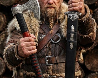 Viking Sword and Axe Set, Handmade Damascus Steel Sword & Battle Axe Combo, Norse Medieval Weapon Set with Sheath, Gift for Him