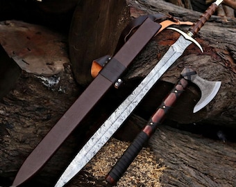 Viking Sword and Axe Set, Handmade Damascus Steel Sword & Battle Axe Combo, Norse Medieval Weapon Set with Sheath, Gift for Him