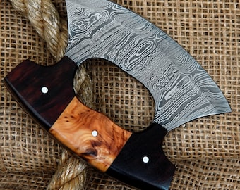 Handmade Damascus Ulu Knife.Alaskan Mezzaluna Ulu Knife, Salad Veggies Rocker Chopper Slicer Cutter.Anniversary Birthday Christmas Gift